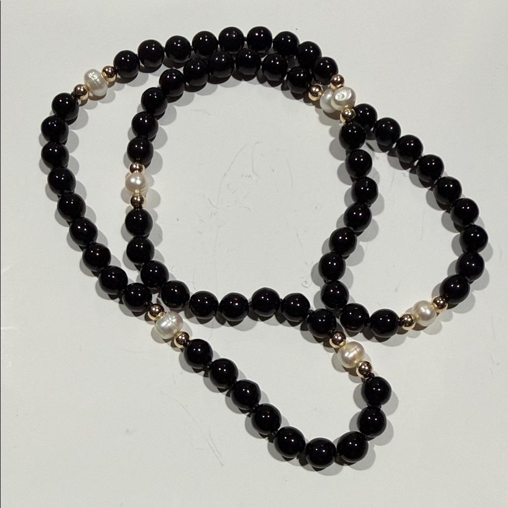 Elegant 30” Endless FWPearl,  Black Onyx and Gold Beaded Necklace